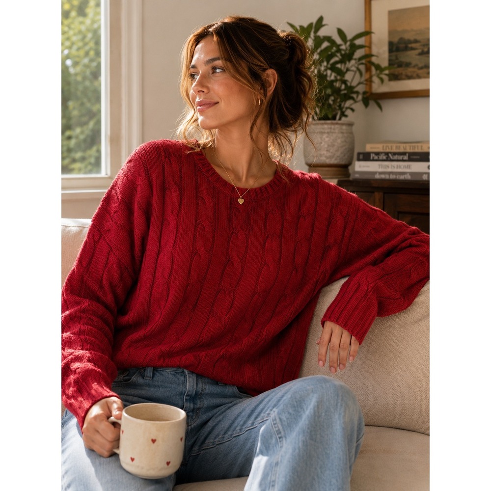 Eddie Bauer Womens Red Cable Knit Cotton Sweater Crew Neck Large